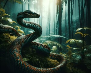 Canvas Print - AI generated illustration of a snake coiled up in a green jungle