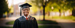 Joyful Black man in graduation gown and cap, university campus background. Academic success concept. Generative AI