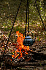 Wall Mural - with knife, water bottle and titanium mug near the fire outdoors. bushcraft, adventure, travel, tconcept.ourism and camping