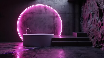 Wall Mural - 3d render interior minimalism with round podium placed in front of a black wall surround cyberpunk neon wall studio.