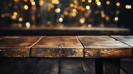 Empty table in front of black and gold glitter lights background. For product display montage