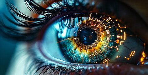 Close-up of a human eye with advanced cybernetic enhancements, symbolizing futuristic vision technology