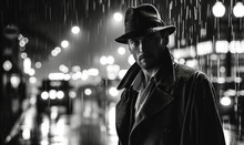 Mysterious Man In Trench Coat And Fedora Standing Under The Rain At Night, Evoking Noir Film Aesthetics