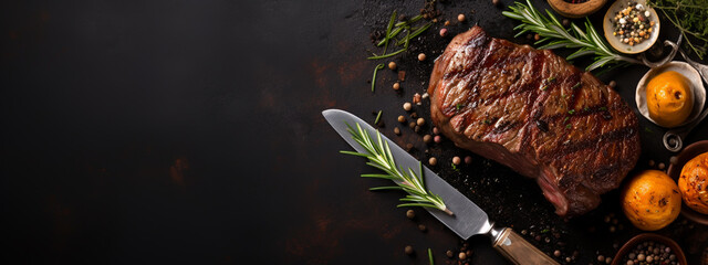 Set of grilled steaks on a black stone table with spices and herbs. Top view. Free space for your text.