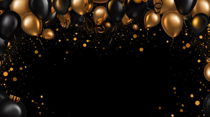 Wall Mural - Black present boxes with gold ribbons and many gold balloons tied to them standing in black room