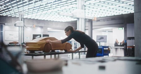 Wall Mural - Female Car Modeler Enjoying Creative Work Process on a Concept Car Made Out of Plasticine Modeling Clay. Successful Designer Using Spatula to Smooth the Prototype Model of a Modern Electric Vehicle