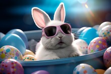 Cool Easter Bunny With Sunglasses Chilling In Basket With Colorfully Painted Eggs