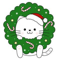 Wall Mural - Cute Cat Christmas wreath. Perfect make a wish for winter festival, celebration party children, pattern.