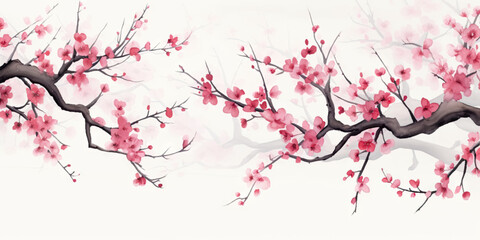  Ink painting cherry blossom white background