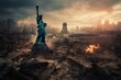 Devastated America shown by ruins of New York City and the Statue of Liberty representing the apocalypse. Generative AI