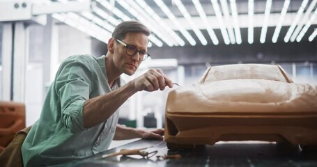 Wall Mural - Portrait of a Creative Car Modeler Working on a Concept Car Made Out of Plasticine Modeling Clay. Handsome Designer Using Spatula to Smooth the Prototype Model of a Modern Electric Automobile