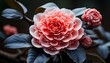 Camellia flower closeup. Pink camellia flower with rain drops closeup. Camellia flower