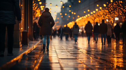 Wall Mural - people walking in the city street crowd at winter time