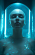 Sci-Fi Slumber - Blue-Glowing Dreams - Woman in a cryogenic chamber tube - Blue glow - Sci-fi concept - Technology concept - Futuristic Concept - Medical Science Concept