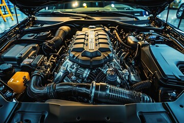 Wall Mural - View into the engine compartment of a powerful tuned engine.