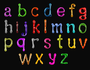 Poster - Colorful glossy small latin letters drawn with paint isolated on a black background