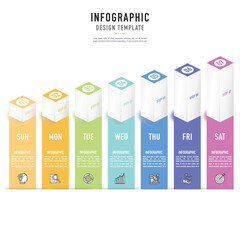 Rectangular isometric timeline weekly infographic template or element with 7 step, process, option, colorful 3D square, rectangle, bar, column, paper origami stage for sale slide, modern minimal style