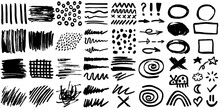 Grunge Crayon Or Marker Doodle Scribbles. Bold Charcoal Freehand Stripes, Crazy Hatches And Paint Shapes: Ovals, Rectangles, Stars And Crosses. Each Vector Element Is United And Isolated.