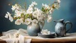 Elegant clean dinnerware, washed dishes and cups. Beautiful flowers in a jug.