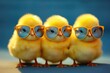 chickens in sunglasses on a studio background.
