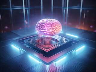 A holographic, highly realistic human brain floats against a backdrop of digital quantum environment, showcasing the intersection of neuroscience and advanced technology.