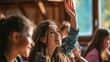 Teenager girl raising hand at school classroom