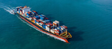 Aerial View Container Cargo Ship Maritime Freight Shipping By Container Cargo Ship, Global Business Import Export Commercial Trade Logistic Container Cargo Ship Freight Shipping.