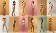© Lustre Art Group  - Collage made of full length portrait of young, beautiful, fit women posing in lingerie against multicolored pastel studio backgrounds. Concept of lifestyle, natural beauty, beauty, female health.