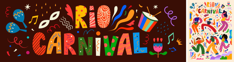 Sticker - creative collection a full of inspiration for holiday Brazil carnival in Rio de Janeiro. Set of vector playful original poster and banner with dancing people for Brazil carnival