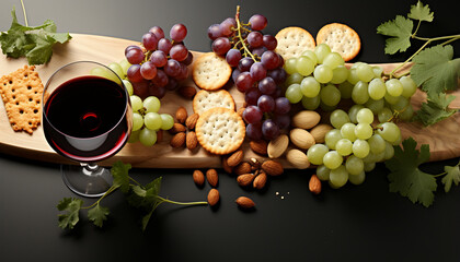 Fresh grape snack on wooden table, wine bottle and glass generated by AI