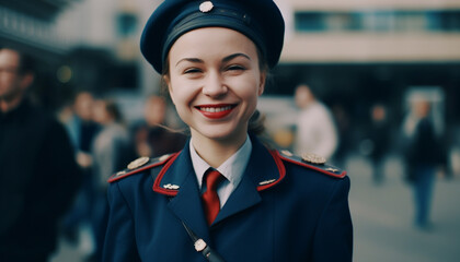 Wall Mural - Smiling young adult in uniform standing outdoors looking at camera generated by AI