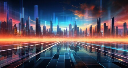 Wall Mural - ai, network, technology, artificial intelligence, energy, innovation, future, digital, link, tech. abstract futuristic cityscape with towering skyscrapers and neon lights in the blue sky, via AI gen.