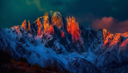 Wall Mural - Majestic mountain peak, snow capped, sunset sky, tranquil scene, nature beauty generated by AI