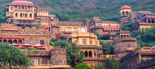 Neemrana Fort Palace - 15th Century Fort Located In Neemrana In Alwar Rajasthan India. Old Medieval Fort-Palace Built On Aravalli Hills. Perfect Weekend Getaway From Delhi. Famous Luxury Resort India.