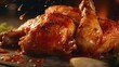 This captivating closeup shot showcases a mouthwatering bonein chicken thigh, revealing its gorgeously bronzed skin and moist meat that effortlessly falls off the bone, leaving a delicious