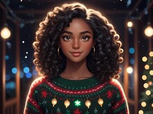 Winter Background. Brunette Girl In Green Red Christmas Sweater And Headdress Against The Background Of Festive Lights. Cartoon Picture Of A Dark Skinned Girl With Curly Hair. Portrait Of A Woman. 