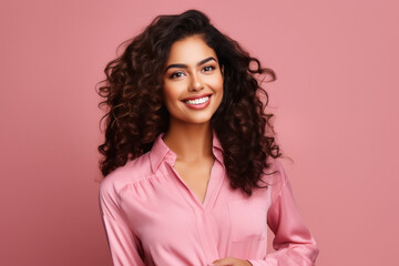 Wall Mural - young indian woman on pink background.