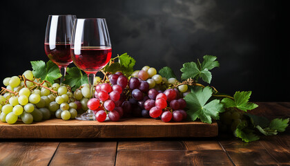 Wall Mural - Fresh grape bunch on wooden table, nature wine celebration generated by AI