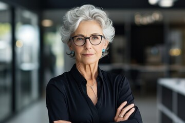 portrait, business, businesswoman, office, opportunity, co-worker, working space, leadership, smile, elegance. portrait image is senior businesswoman at working space. behind have office asset.