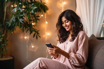 young indian woman sitting on sofa and using smartphone