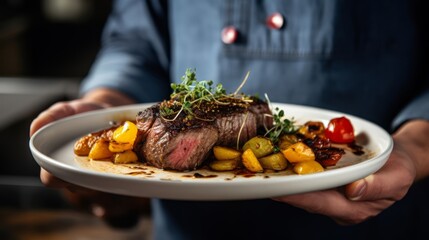 Wall Mural - Close-up of a cooked juicy beef tenderloin medium-rare on a white plate with a side dish and herbs the cook holds in his hands