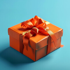 Wall Mural - Orange gift box with bow and ribbons on blue background, ai technology