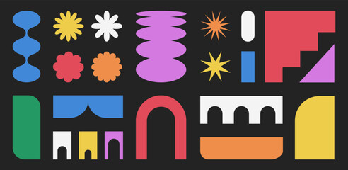 Poster - Brutalism shapes and geometric figures, retro abstract design elements, colorful and simple flat stickers and emblems, decorative elements. Vector illustration.