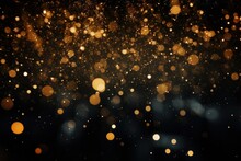 Gold, Dust, Light, Sparkle, Luxury, Glow, Christmas, Confetti, Magic, Shine. Banner With A Background Image Of Golden Dust And Black Sequins. Falling Around Likes Nebula Galaxy And Star In Universe.