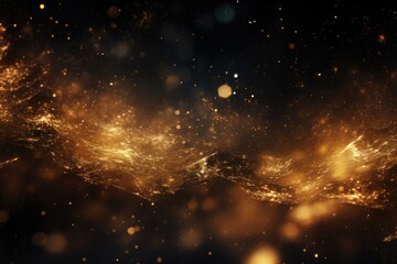 gold, dust, light, sparkle, luxury, glow, christmas, confetti, magic, shine. banner with a background image of golden dust and black sequins. falling around likes nebula galaxy and star in universe.