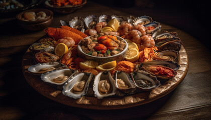 Wall Mural - Fresh seafood on a plate, a gourmet appetizer for lunch generated by AI