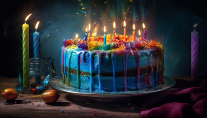 Wall Mural - Burning candle illuminates birthday cake, creating joyful celebration atmosphere generated by AI