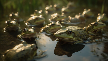 Poster - green toad sitting on wet leaf, looking at underwater reflection generated by ai