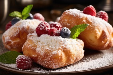 Wall Mural - These fried delights are filled with a luscious mixture of creamy cheese and tangy berries, resulting in a perfect balance of flavors. Encased in a delicate pastry shell, they are dusted