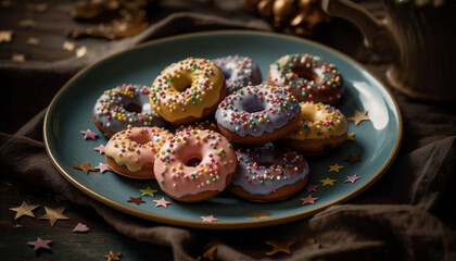 Sticker - Homemade donut with chocolate icing, candy, and multi colored sprinkles generated by AI